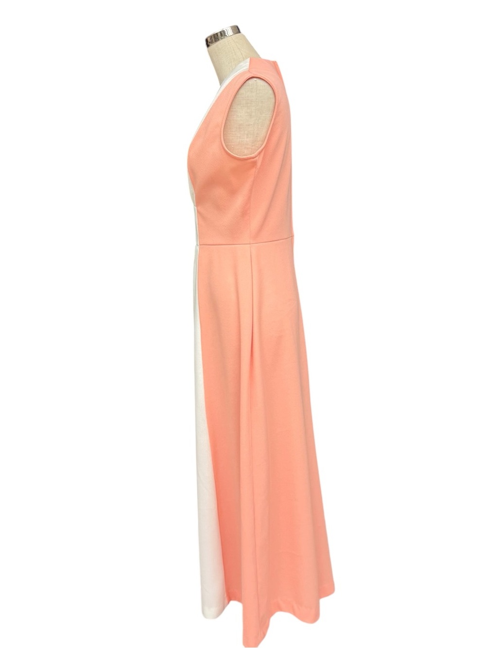 Vintage 70s Peach White Colorblock Hostess Maxi Dress Mod M/L VNeck Empire Waist - Picture 3 of 11